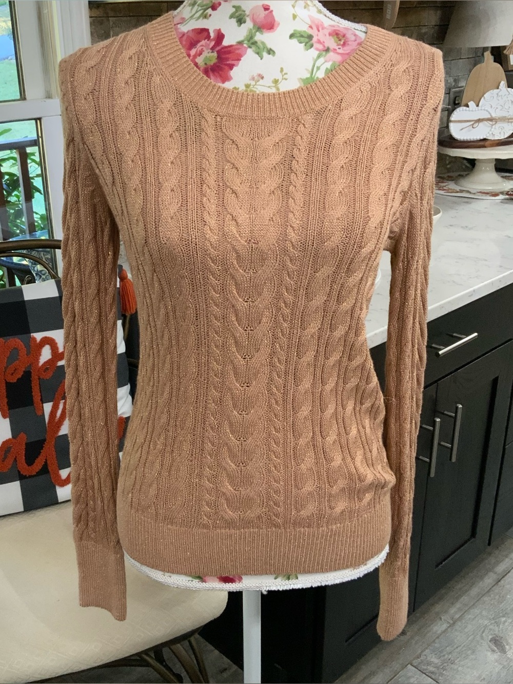 Banana Republic Women’s M Cable Knit Sweater Metalic Tan Classic Holiday New